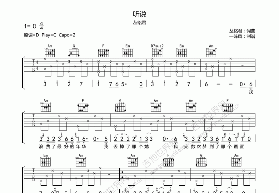 听说吉他谱_丛铭君_c调弹唱
