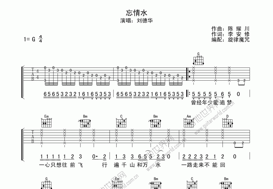 忘情水吉他谱_刘德华_g调弹唱